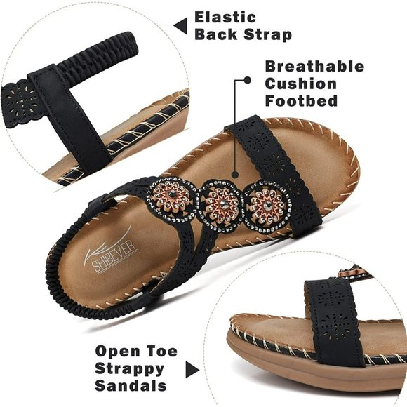 Size 11.5 SHIBEVER Sandals for Women Bohemian Flat Rhinestone Comfortable Beaded - Picture 3 of 6